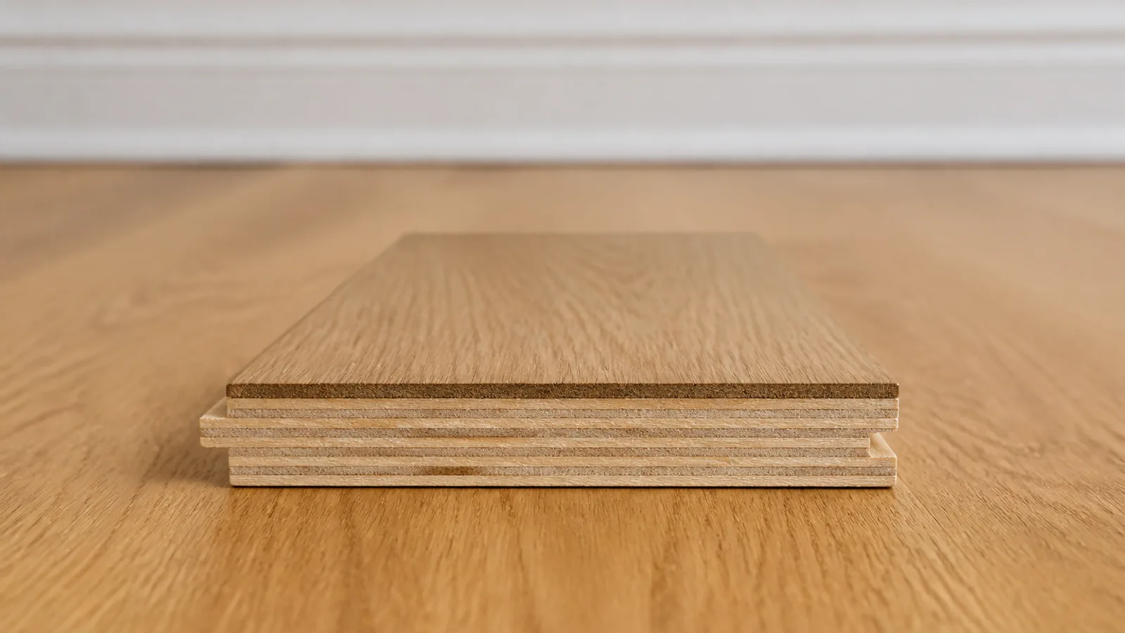 Engineered hardwood plank cut in cross-section, showing a thin oak top layer over a layered plywood core
