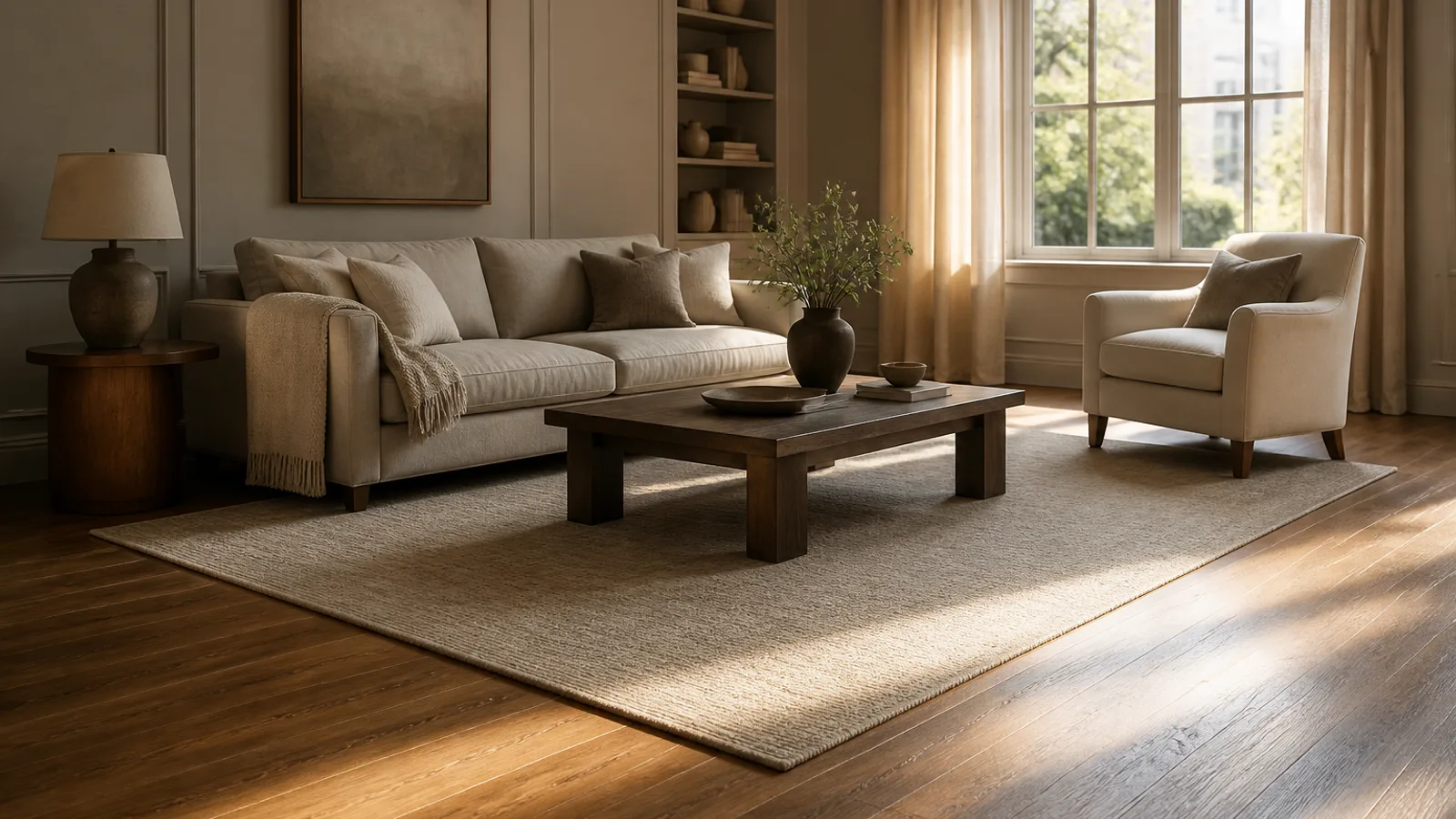 A living room with a refinished oak floor, an area rug laid back down and the sofa, armchair and coffee table returned to their places