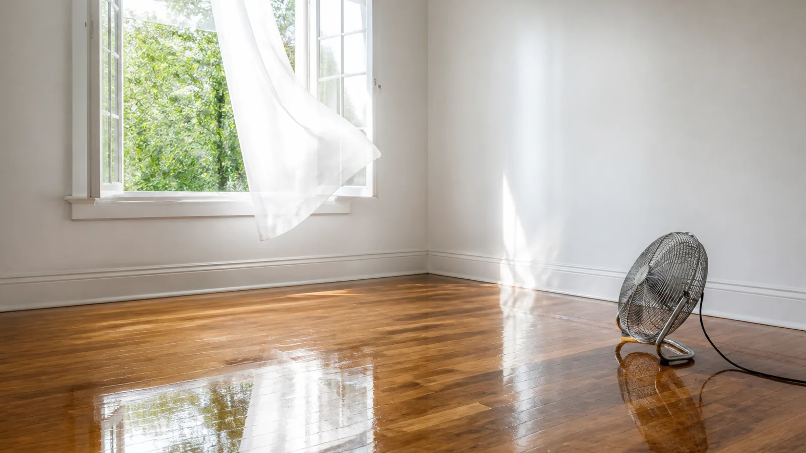 An empty room with a freshly finished glossy hardwood floor, a sash window wide open with the curtain lifting, and a portable fan on the boards