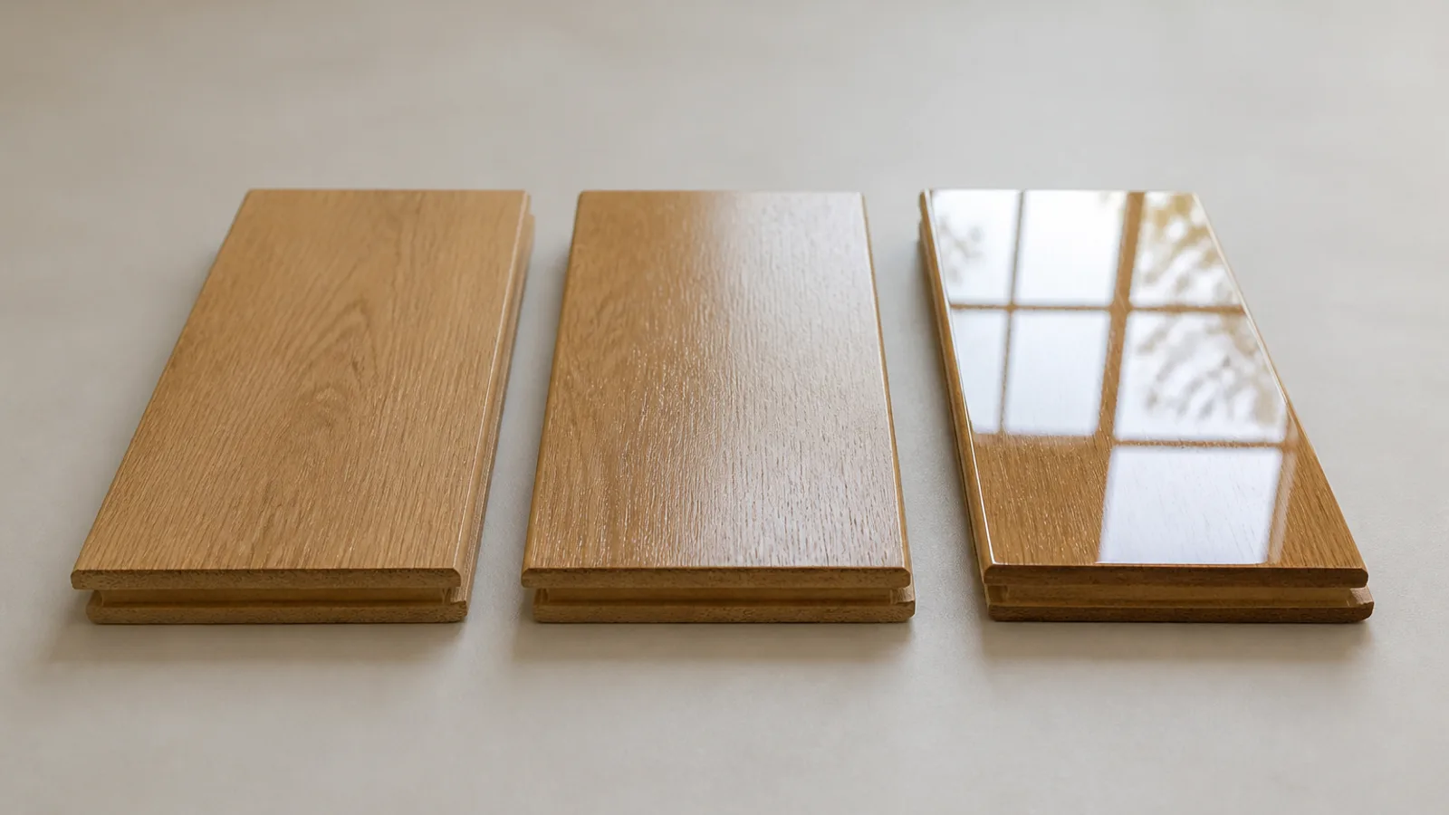 Three identical oak floorboard samples side by side, one matte with no reflection, one satin with a soft sheen, one gloss reflecting a window sharply