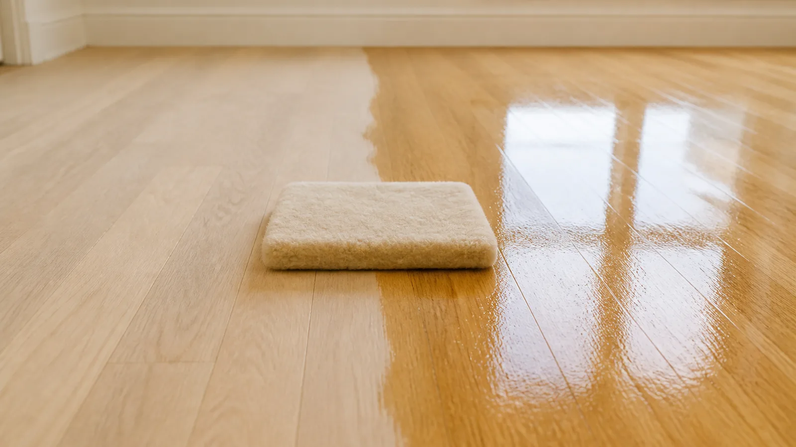 Wet clear floor finish spread across a freshly sanded oak floor, with a sharp line between the dull raw wood and the glossy coated area