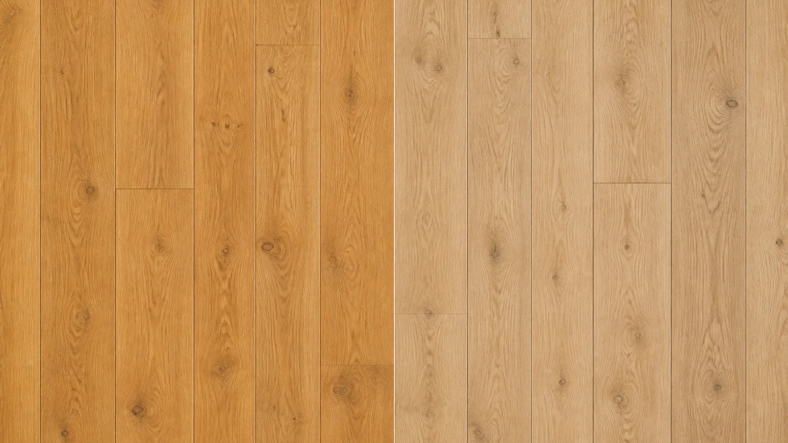 One oak floor photographed from above, the left half finished warm golden amber and the right half a cooler natural tan, meeting in a straight line