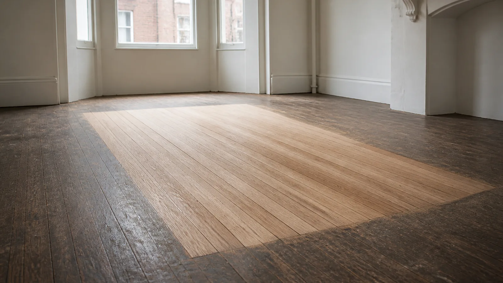A worn, dark old oak strip floor in an empty row-house room with one rectangle sanded back to pale, sound raw wood