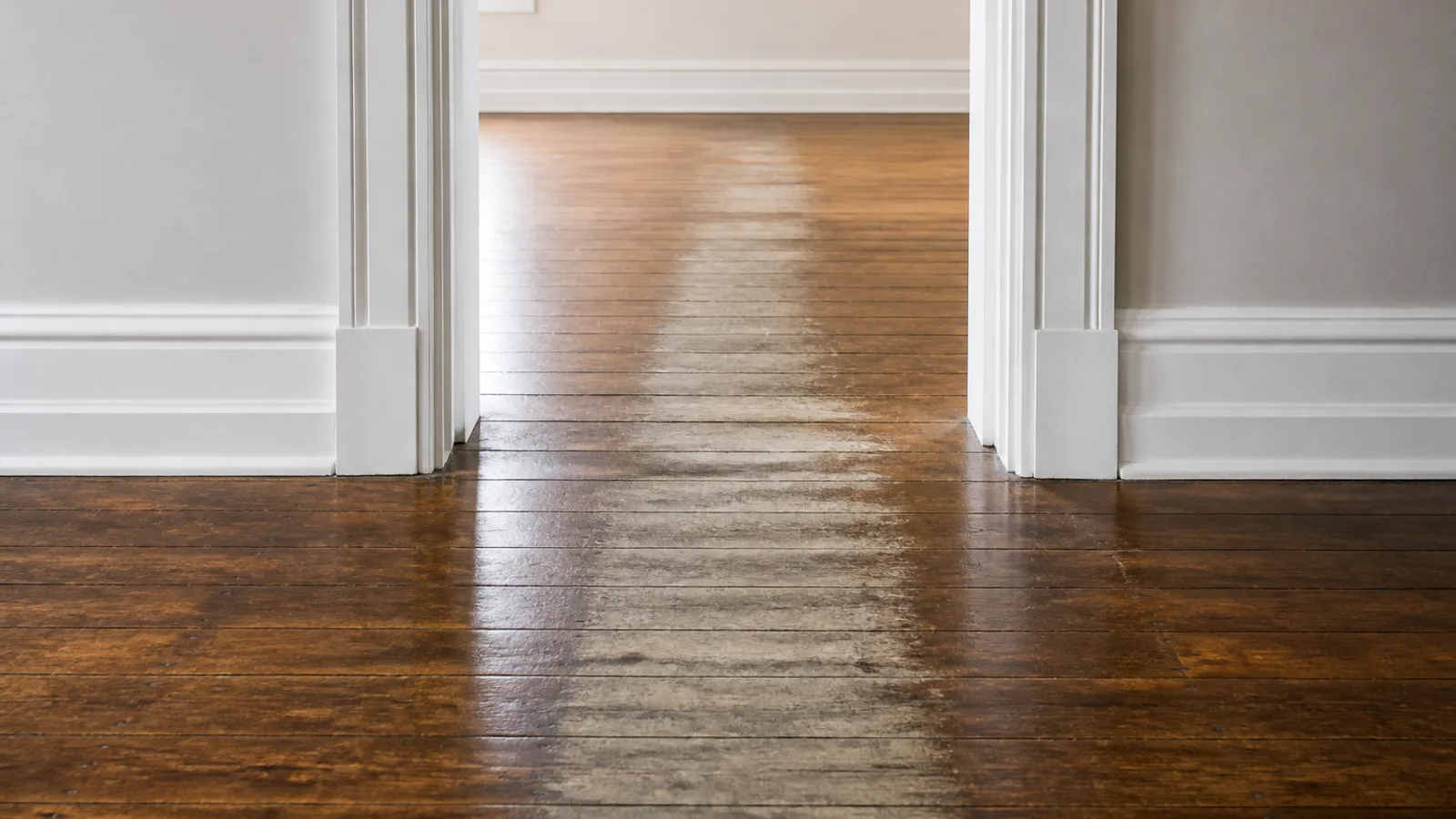 A worn pale traffic path running through a doorway across a wood floor, the finish gone and the wood dull and gray where feet have crossed, glossier finish still intact either side