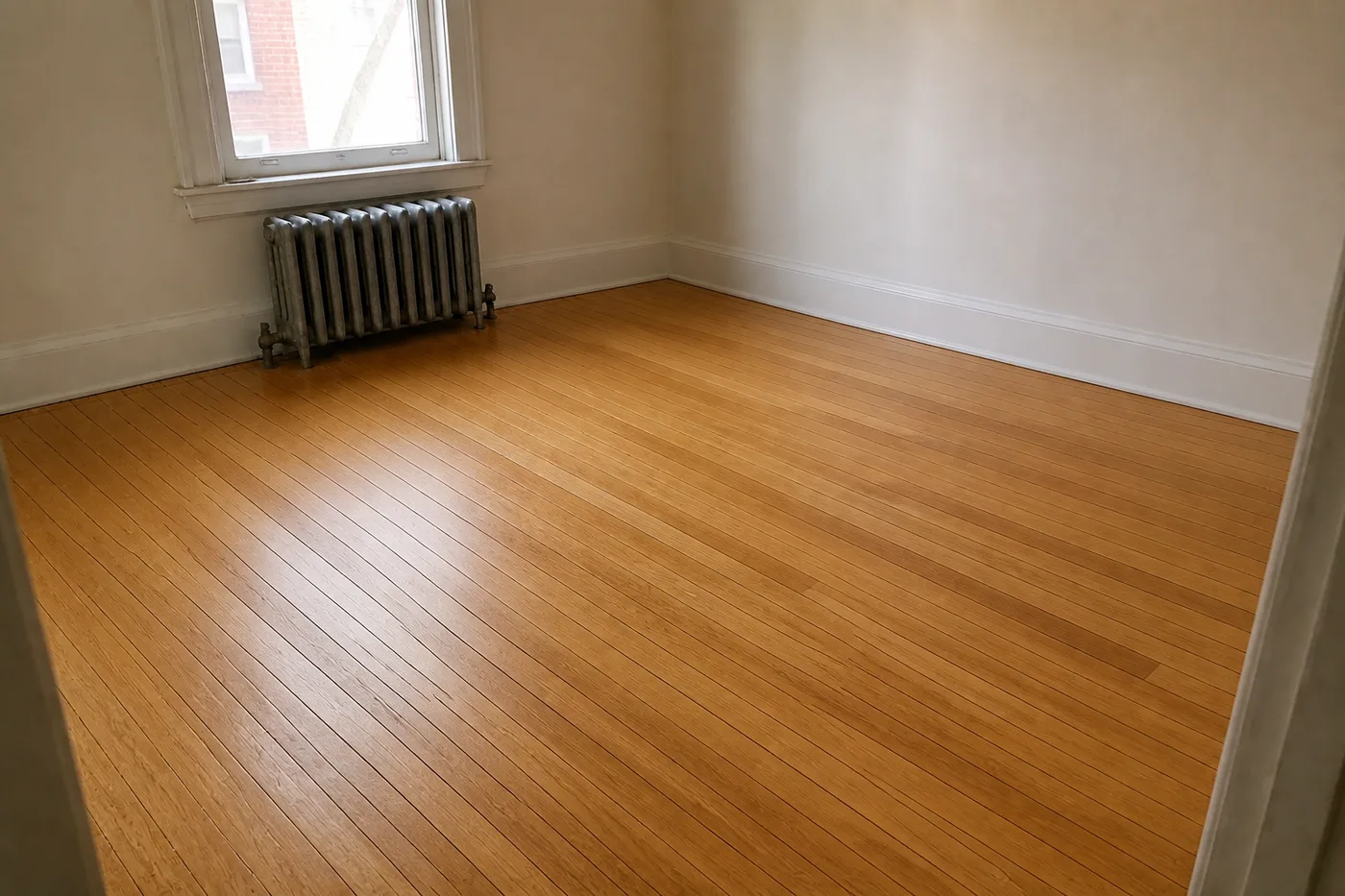 The same bedroom with the carpet gone and the original red oak sanded and refinished to a warm satin