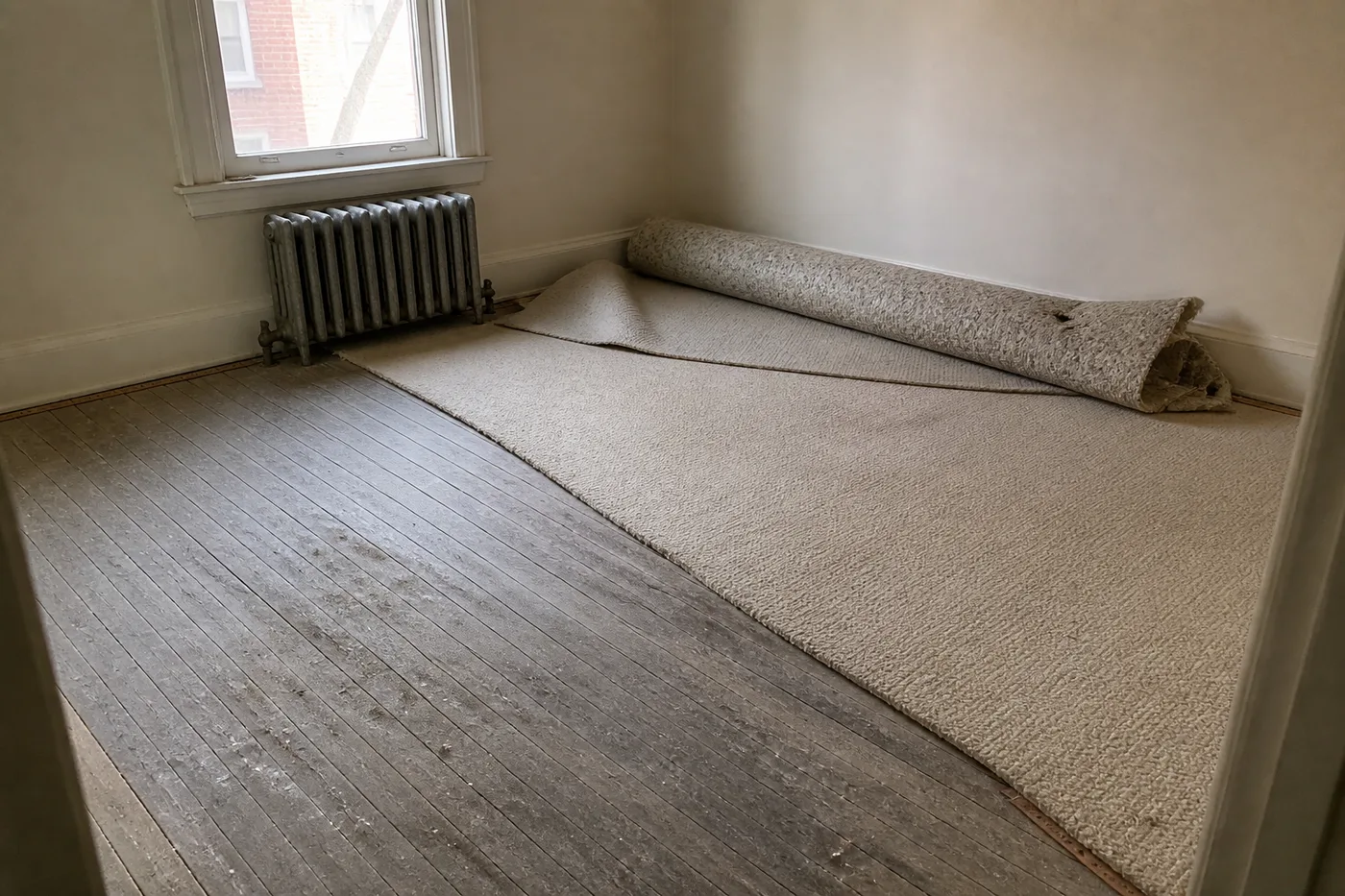 Wall-to-wall carpet pulled back to reveal grey, staple-dotted original oak floorboards beneath