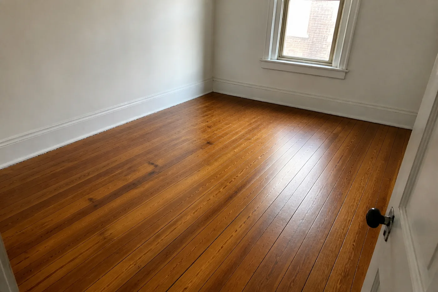 The same wide-plank heart pine floor sanded back and refinished to a warm amber satin