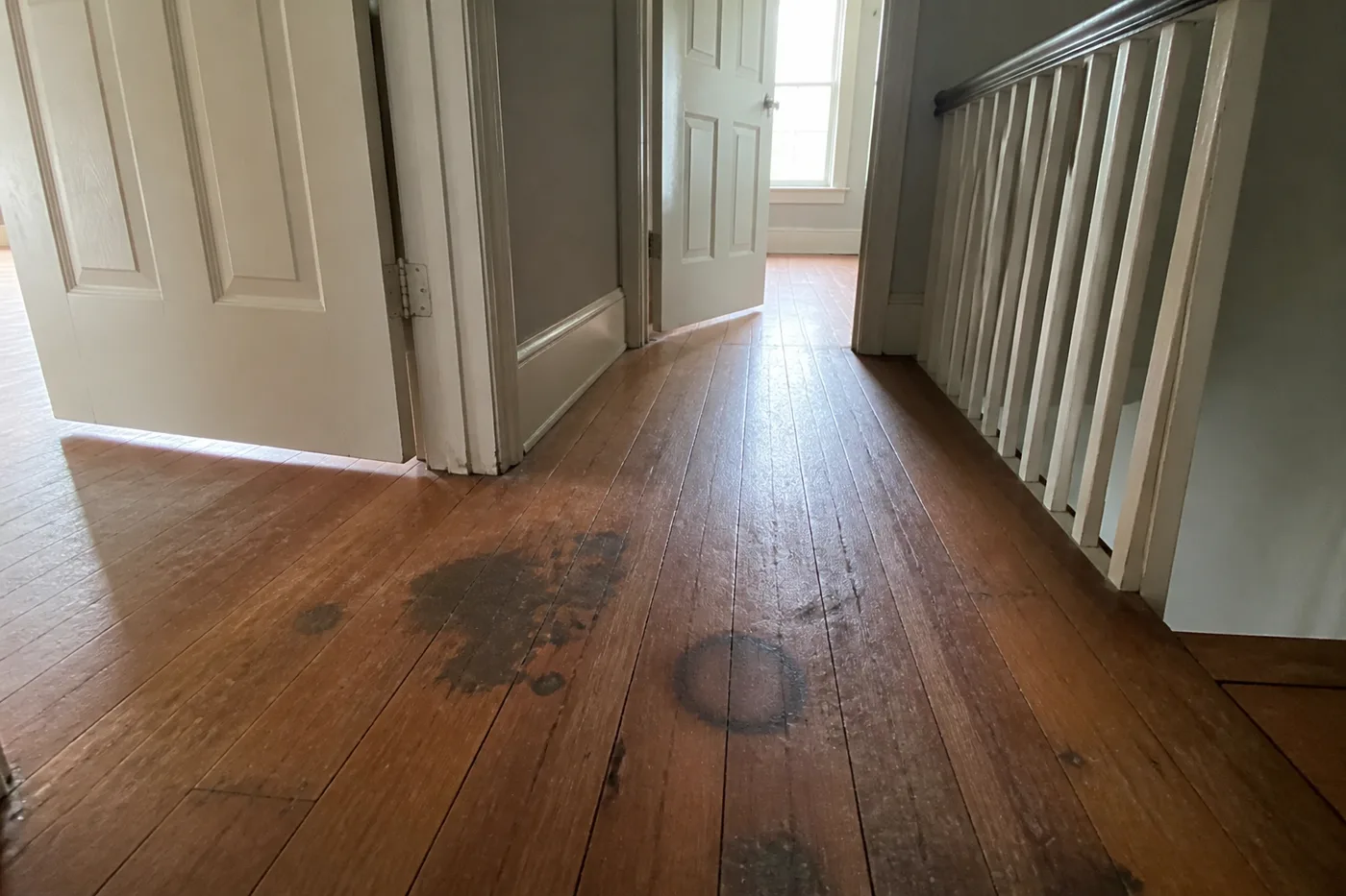Dark near-black pet stains soaked into floorboards on an upstairs landing