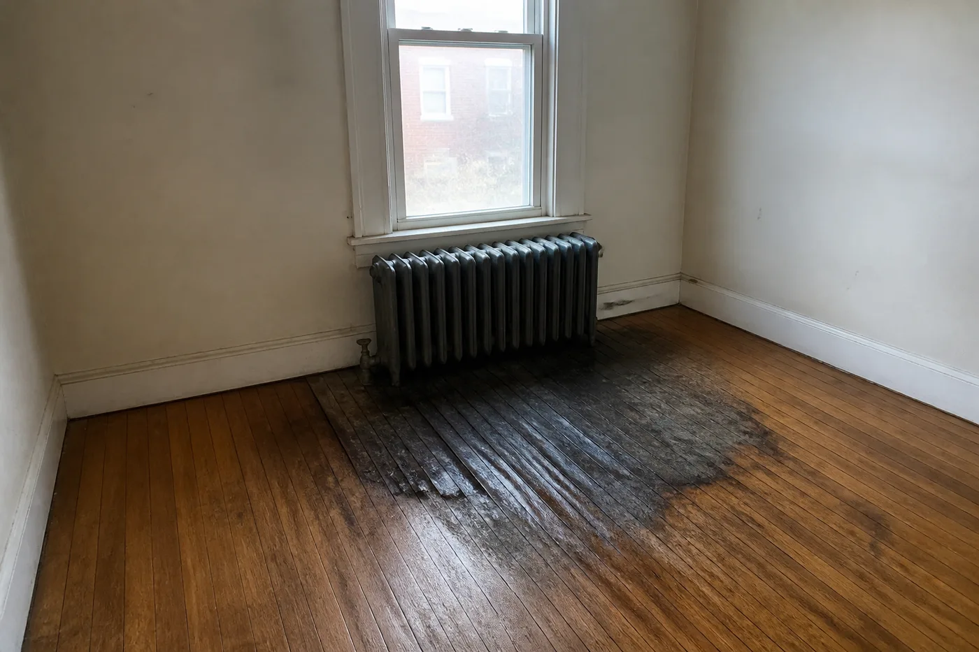 Black water staining and cupped floorboards spreading out from under a cast-iron radiator