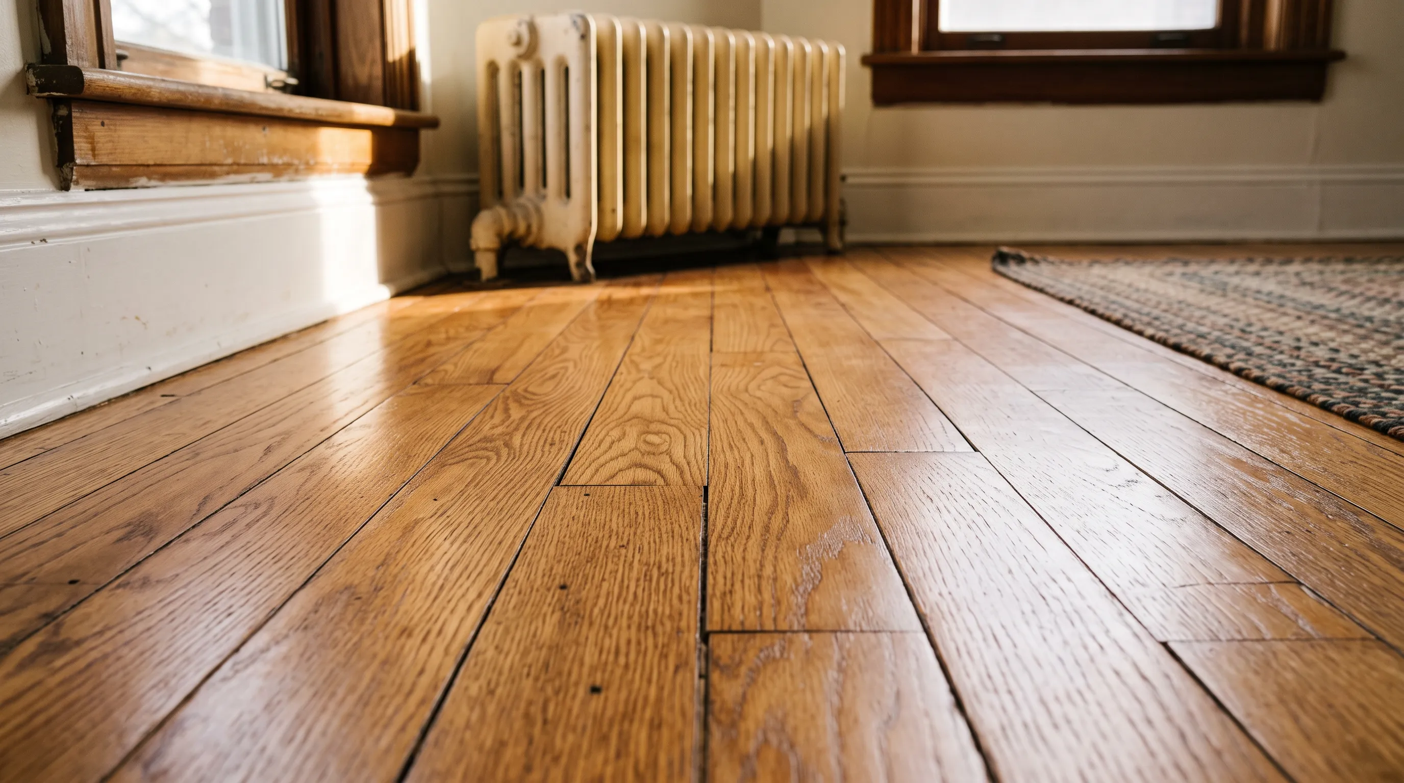 Refinished oak floorboards in a Baltimore rowhome, light raking across the grain